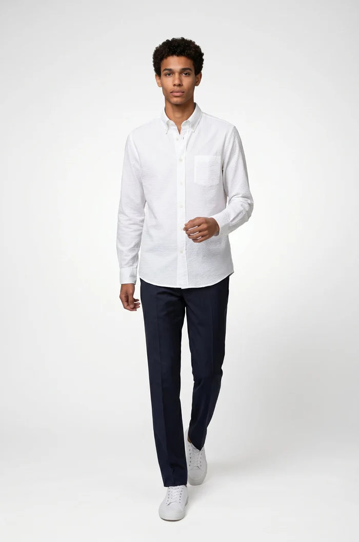 Blutailor white seersucker cotton shirt in lightweight textured fabric with a custom tailored fit, designed for breathable comfort and a crisp summer look.