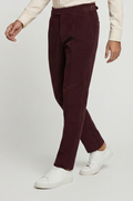 Blutailor wine Gurkha pant in premium fabric with a custom tailored fit, featuring a rich tone, high-waist design, and adjustable side tabs for a refined, structured look.