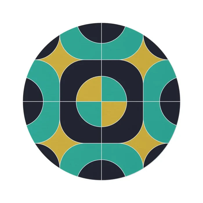Bold 60s Retro Round Chenille Rug Geometric Accent Black Turquoise Mustard - 60’’ × 60’’ - retro rug