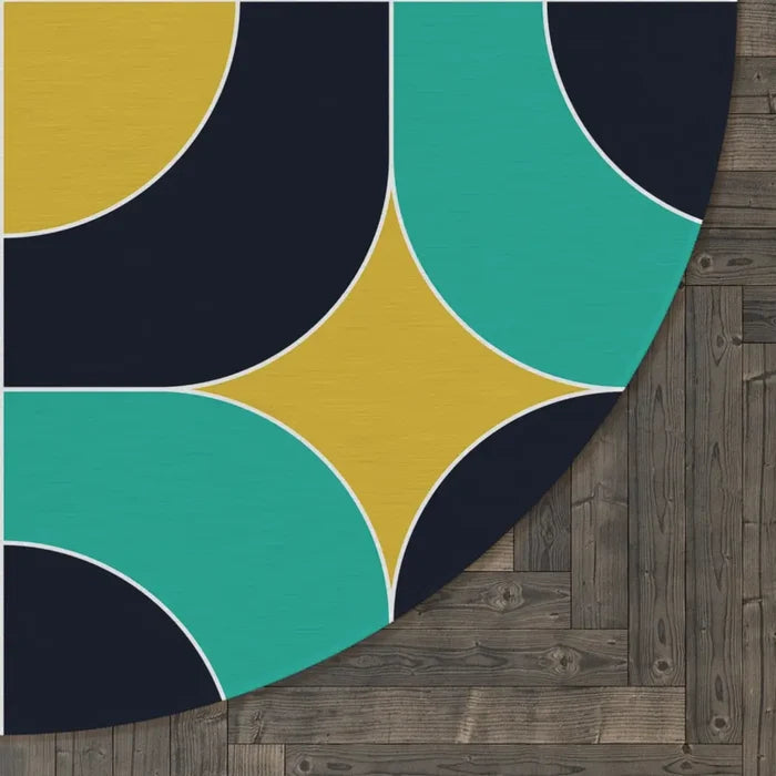 Bold 60s Retro Round Chenille Rug Geometric Accent Black Turquoise Mustard - 60’’ × 60’’ - retro rug