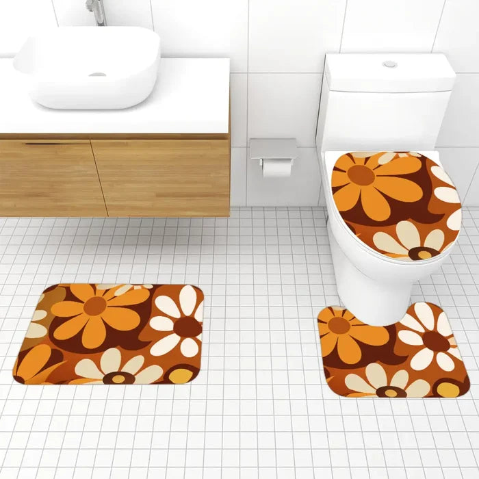 Bold Floral 70s Style Bathroom Mat Set | Retro Midcentury 3-Piece Rugs - One Size - retro bathroom