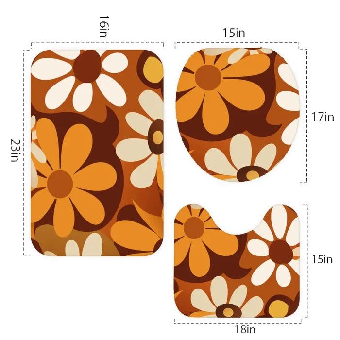 Bold Floral 70s Style Bathroom Mat Set | Retro Midcentury 3-Piece Rugs - One Size - retro bathroom