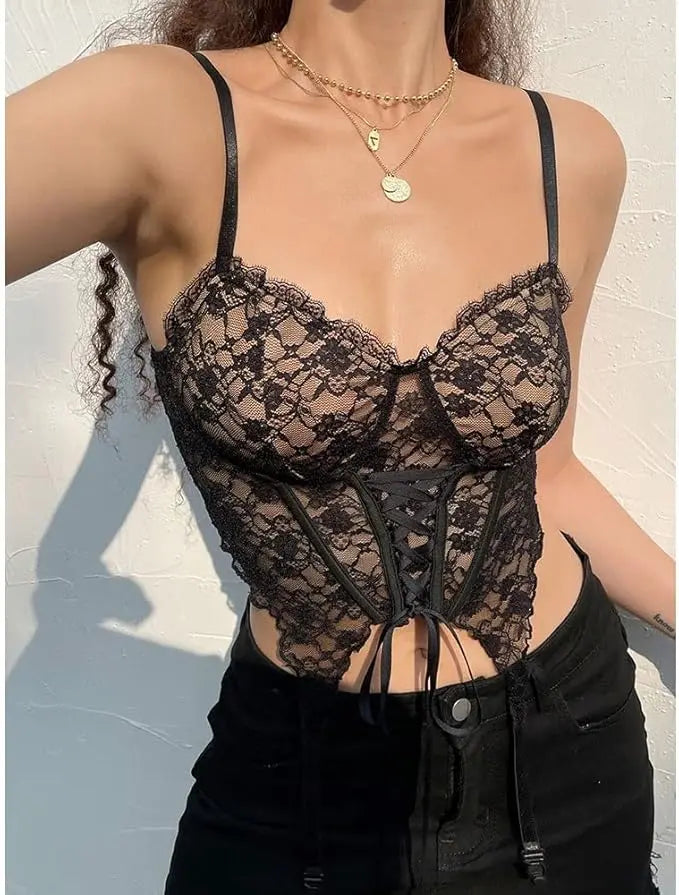Bow Lace Up Mesh Corset Top fashionnsio