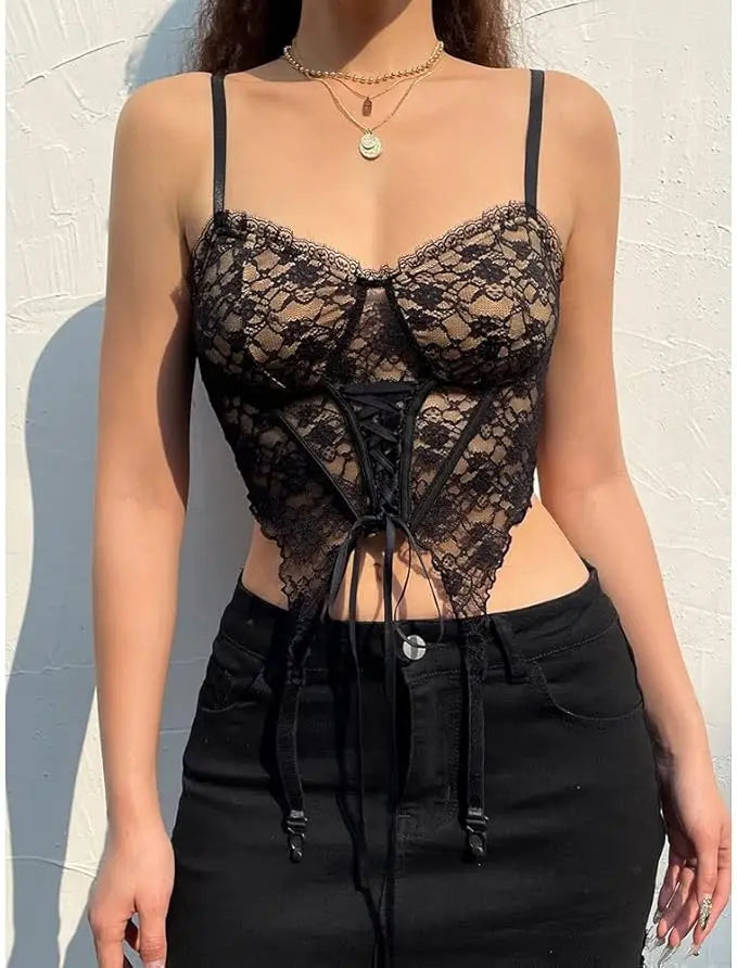 Bow Lace Up Mesh Corset Top fashionnsio