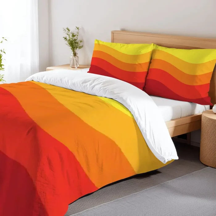 Bright 70s Retro Double Duvet Cover Set: Orange Yellow Red Full Size Bedding - retro bedding