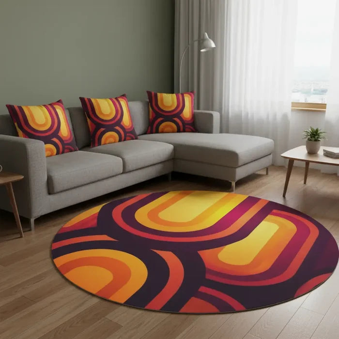 Bright 70s RETRO ROUND RUG Boho Hippie Orange Burgundy Midcentury Accent Rug - 60’’ × 60’’ - retro ads