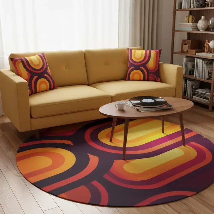 Bright 70s RETRO ROUND RUG Boho Hippie Orange Burgundy Midcentury Accent Rug - 60’’ × 60’’ - retro ads