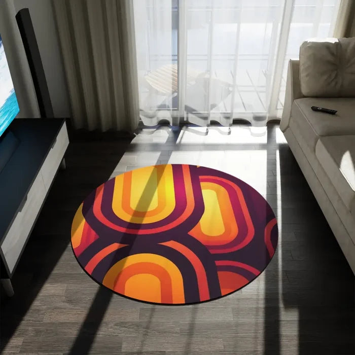 Bright 70s RETRO ROUND RUG Boho Hippie Orange Burgundy Midcentury Accent Rug - 60’’ × 60’’ - retro ads