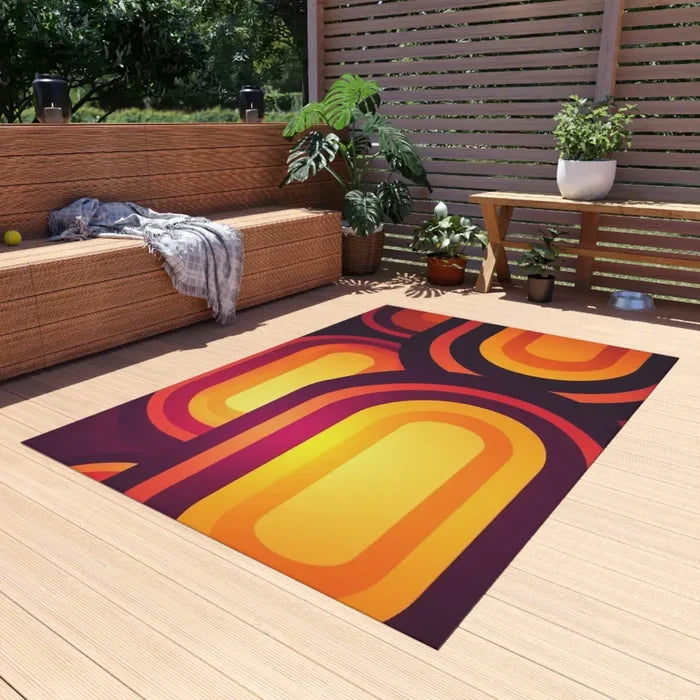 Bright 70s RETRO ROUND RUG Boho Hippie Orange Burgundy Midcentury Accent Rug - 60’’ × 60’’ - retro ads