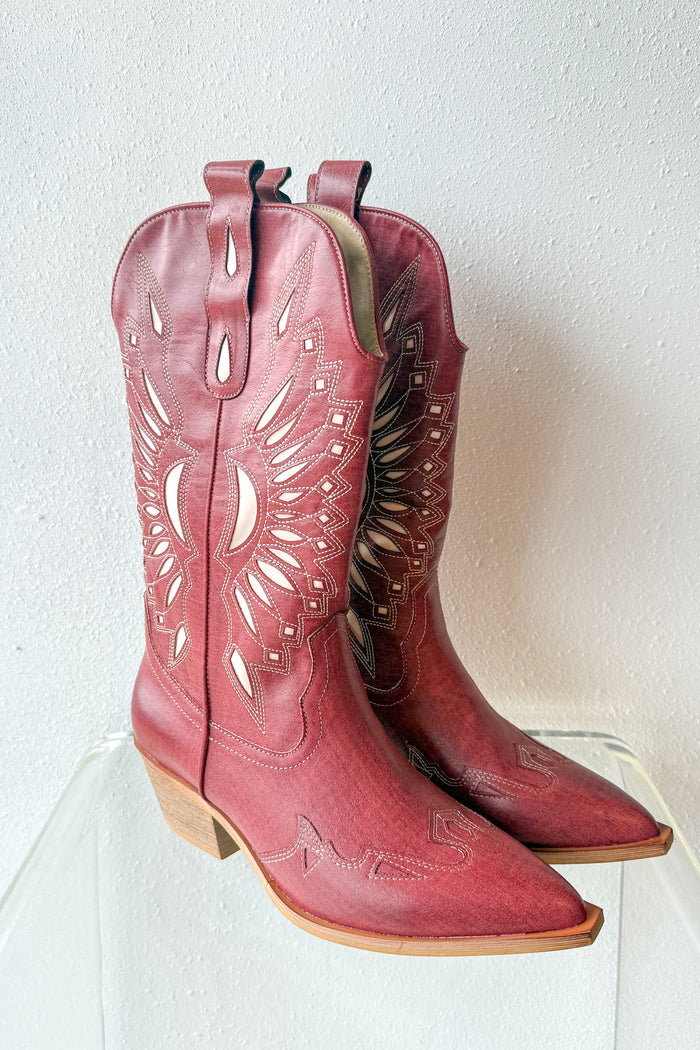 Britney Crimson Boots, Cowboy Boots, Western Boots, Red Cowboy Boots, Boots, Shoes, Adeline Boutique, Dallas Boutique, Boutique Shopping, Boutique Shoes, Country Concert Outfit, Rodeo Outfit, Upscale Western