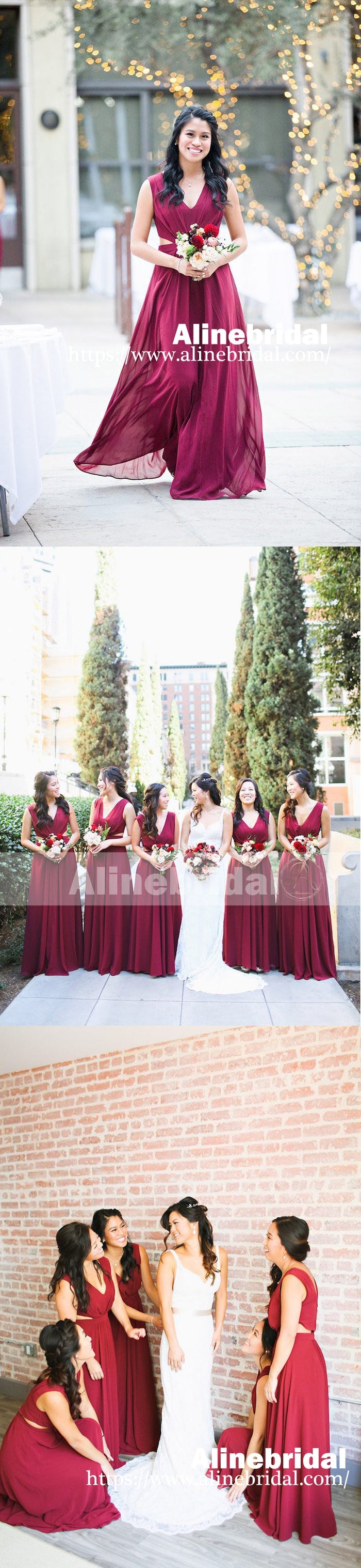 Burgundy Chiffon V-neck A-line Bridesmaid Dresses , AB1228