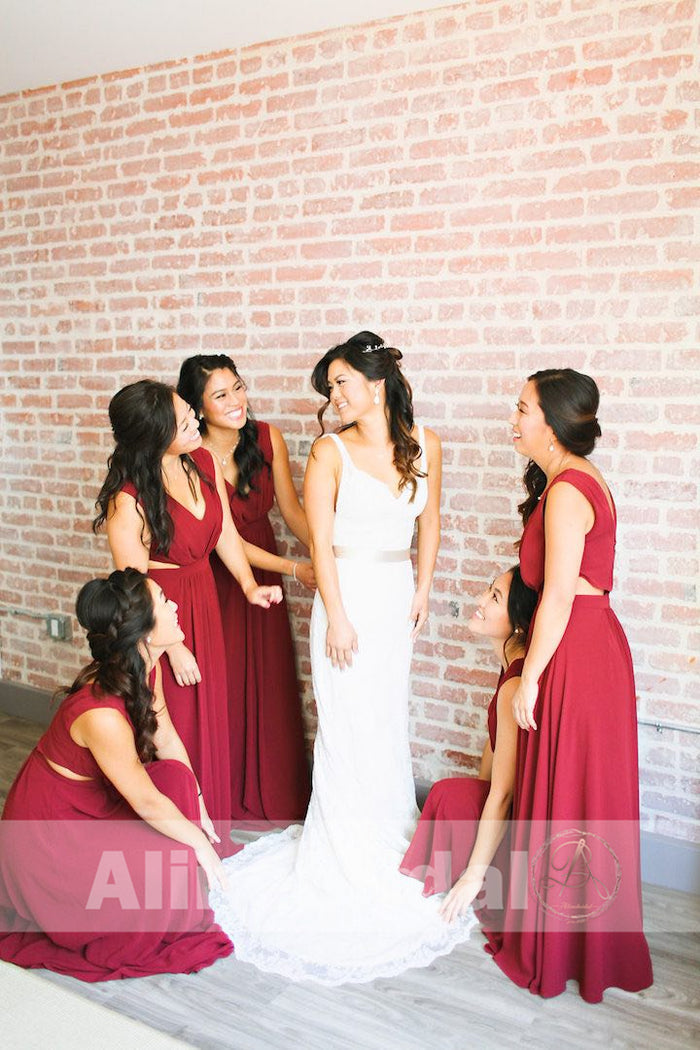 Burgundy Chiffon V-neck A-line Bridesmaid Dresses , AB1228