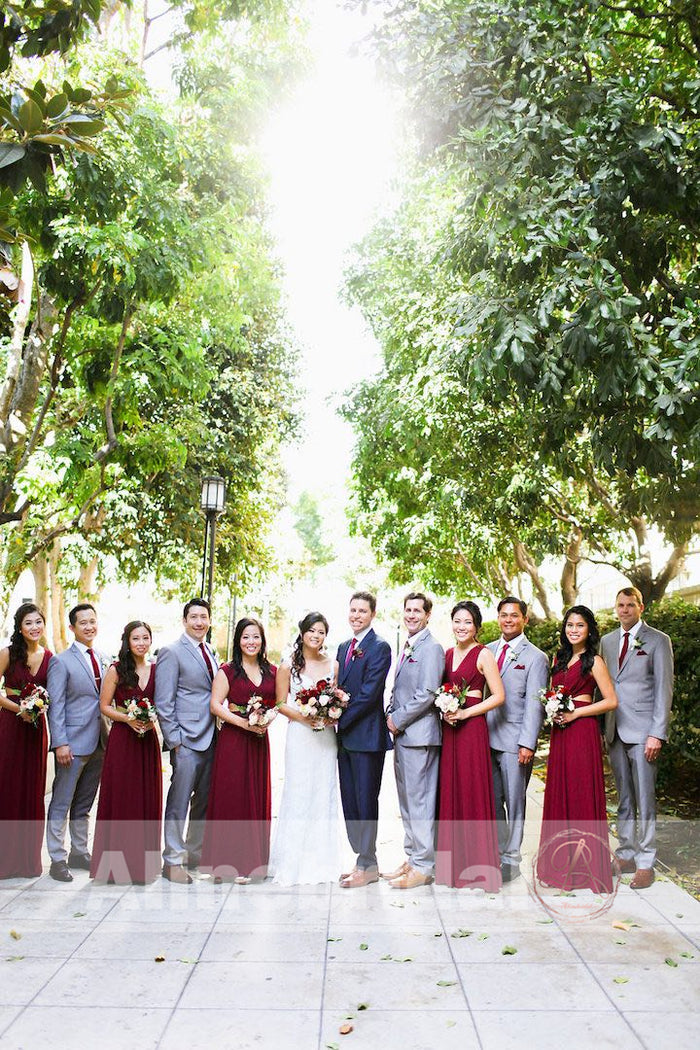 Burgundy Chiffon V-neck A-line Bridesmaid Dresses , AB1228