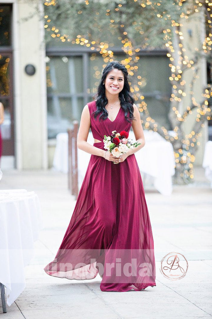 Burgundy Chiffon V-neck A-line Bridesmaid Dresses , AB1228