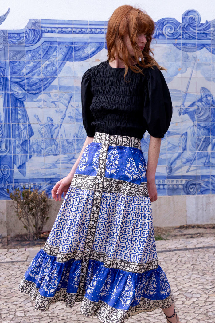 Button Front Skirt- Jaisalmer Cobalt