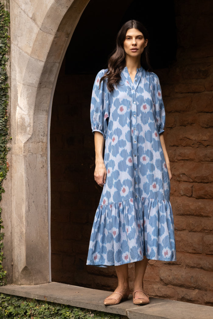 Button Puff Midi- Jinja Blue