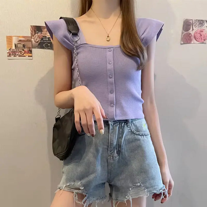 Knitted Button Up Crop Top fashionnsio
