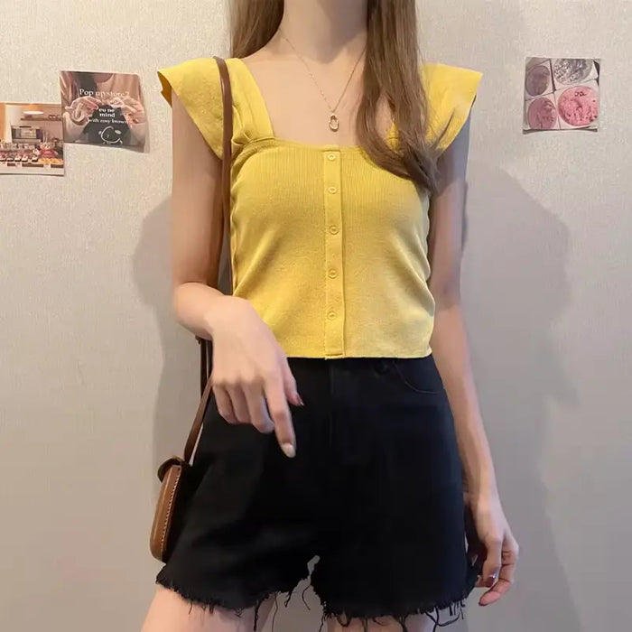 Knitted Button Up Crop Top fashionnsio