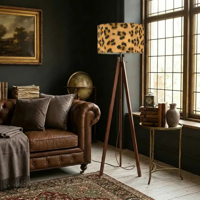 Cheetah Print Scandi Retro Wooden Tripod Floor Lamp - Leopard Fabric Shade - retro floor lamps