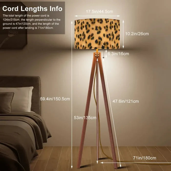 Cheetah Print Scandi Retro Wooden Tripod Floor Lamp - Leopard Fabric Shade - retro floor lamps