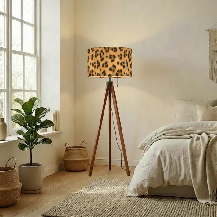 Cheetah Print Scandi Retro Wooden Tripod Floor Lamp - Leopard Fabric Shade - retro floor lamps