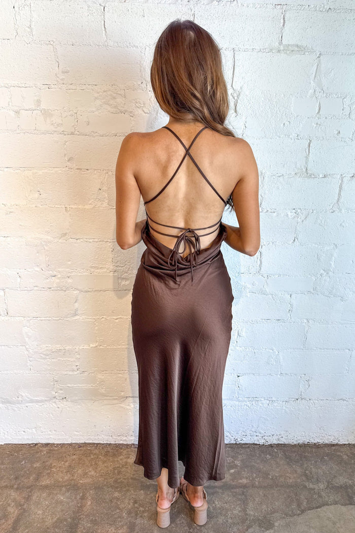 Chrishelle Dress, Brown Maxi Dress, Maxi Dress, Satin Dress, Satin Maxi Dress, Wedding Guest Dress, Adeline Boutique, Dallas Boutique, Boutique Dresses