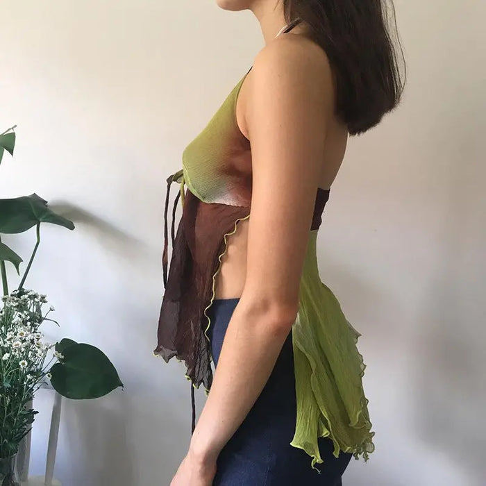 Color Block Mesh Halter Top fashionnsio