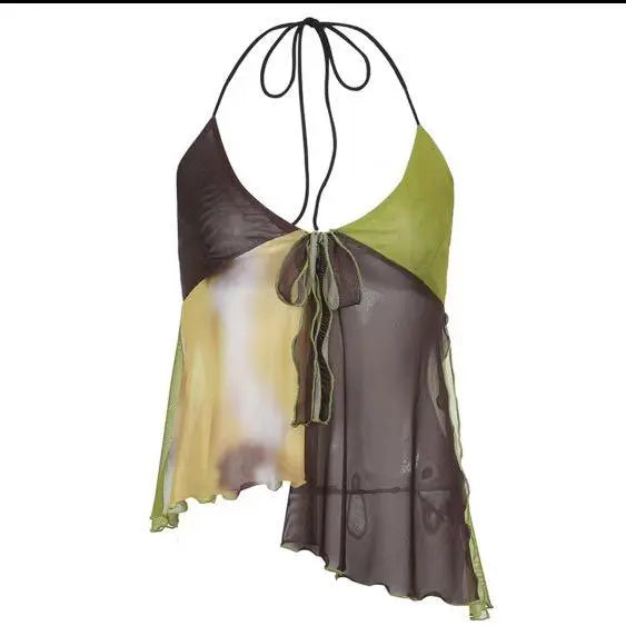 Color Block Mesh Halter Top fashionnsio