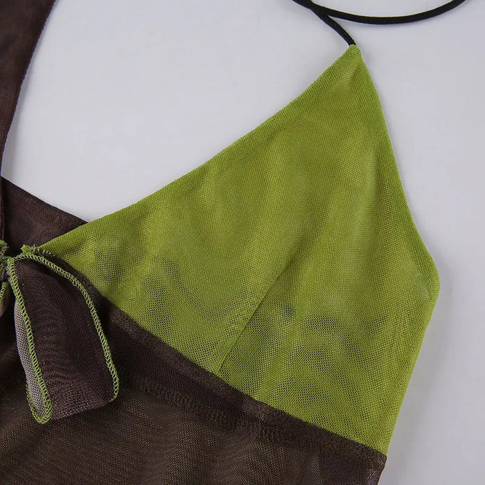 Color Block Mesh Halter Top fashionnsio