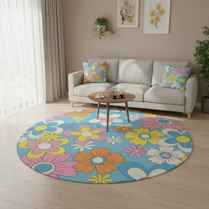Colorful 70s Retro Round Rug Boho Hippie Flower Power Accent Carpet - 60’’ × 60’’ - retro rug