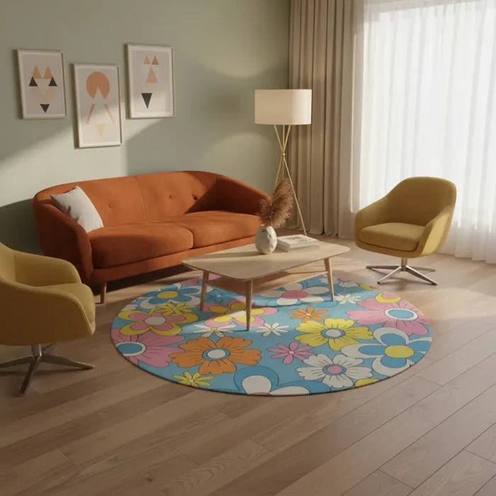 Colorful 70s Retro Round Rug Boho Hippie Flower Power Accent Carpet - 60’’ × 60’’ - retro rug