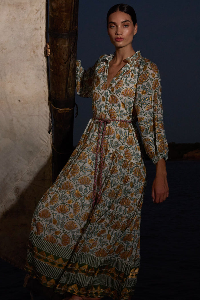 Cuff Sleeve Tie Waist Maxi- Montenegro Green