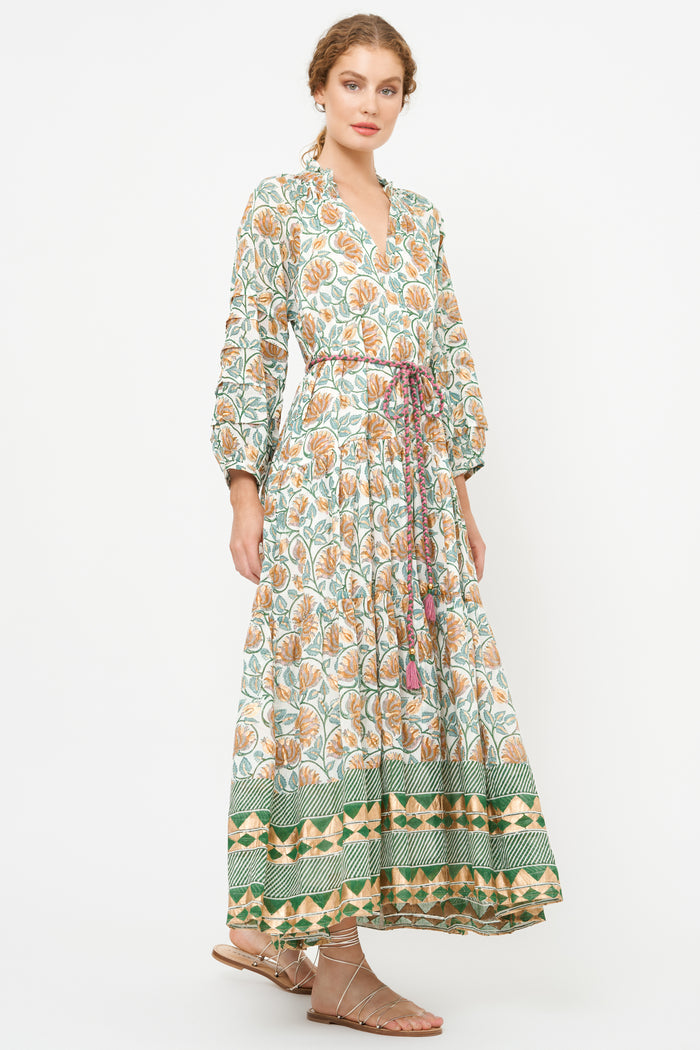 Cuff Sleeve Tie Waist Maxi- Montenegro Green