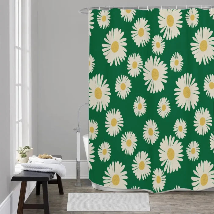 Daisy 70s Retro 4 Sizes Shower Curtain Midcentury Green White Yellow - retro bathroom