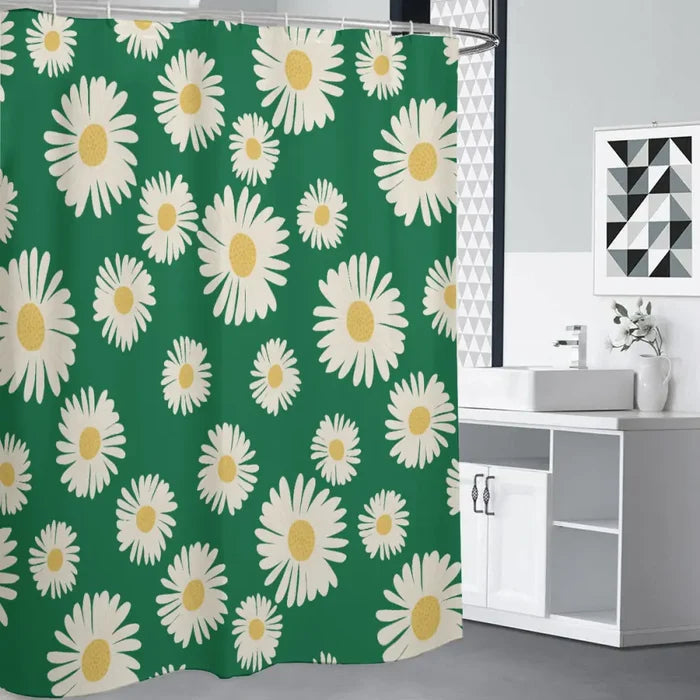 Daisy 70s Retro 4 Sizes Shower Curtain Midcentury Green White Yellow - retro bathroom