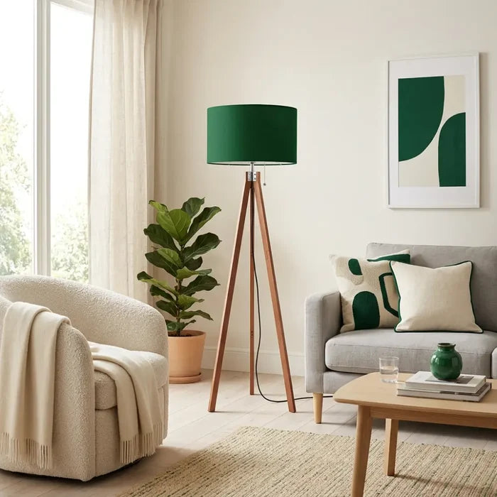 Dark Green Retro Light - Scandi Wooden Tripod Floor Lamp - retro floor lamps
