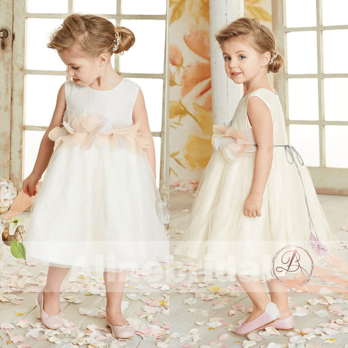 Dark Ivory Satin Tulle Sleeveless With Unique Flower Girl Dresses, FGS090