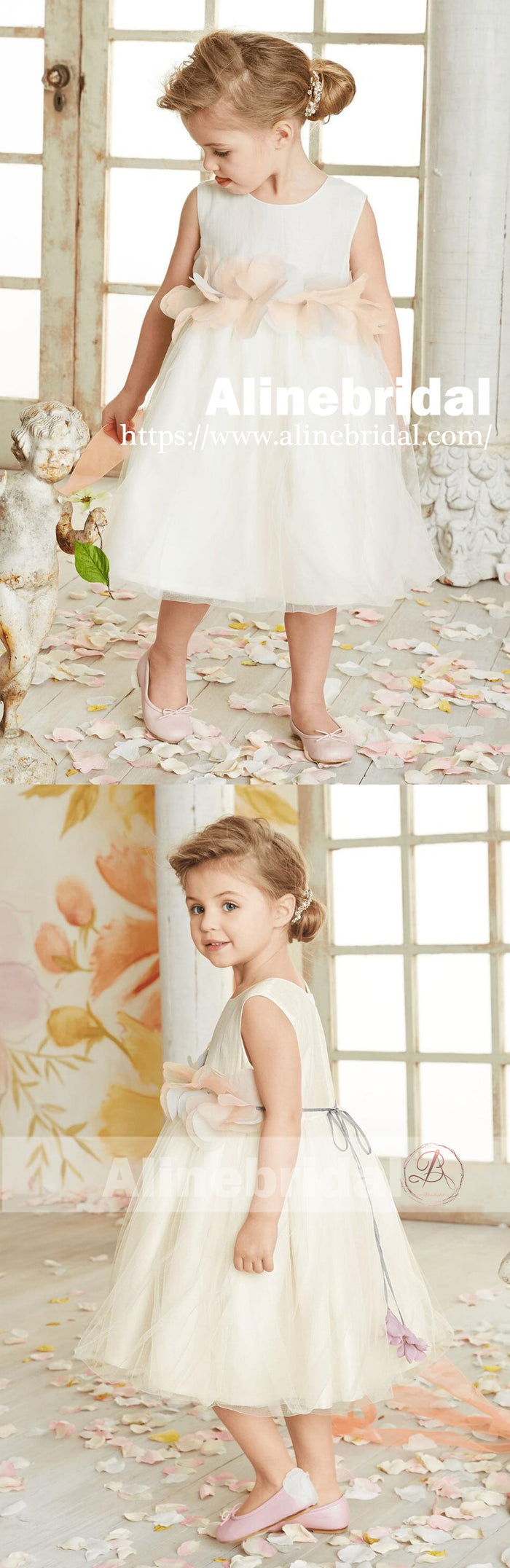 Dark Ivory Satin Tulle Sleeveless With Unique Flower Girl Dresses, FGS090