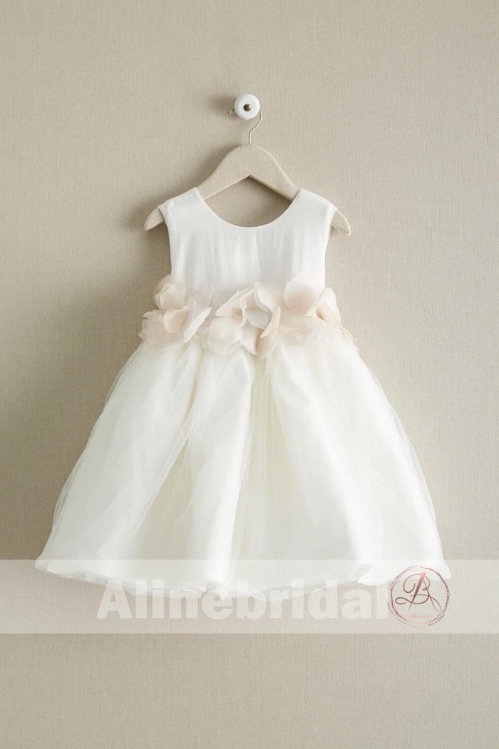 Dark Ivory Satin Tulle Sleeveless With Unique Flower Girl Dresses, FGS090