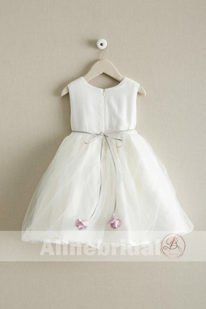 Dark Ivory Satin Tulle Sleeveless With Unique Flower Girl Dresses, FGS090