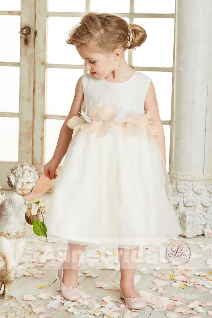 Dark Ivory Satin Tulle Sleeveless With Unique Flower Girl Dresses, FGS090