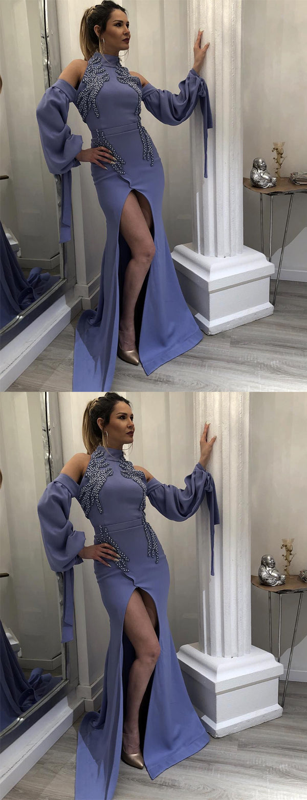 Dark Lavender High Neck Long Sleeves Unique Prom Dresses,PD00190
