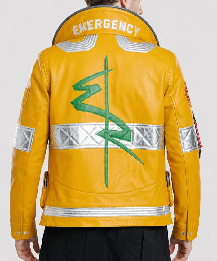 Back view of the Cyberpunk Edgerunners David Martinez Yellow Jacket showcasing the anime-accurate design and premium leather construction.