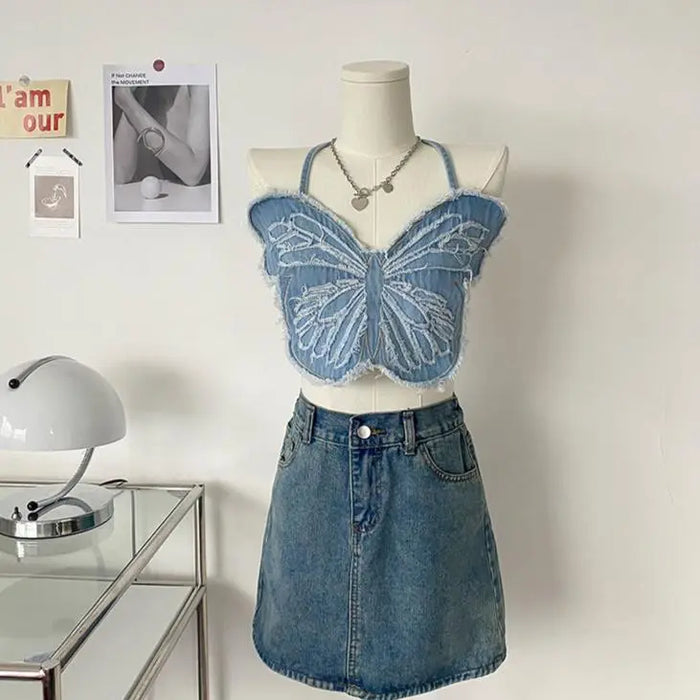 Butterfly Denim Halter Top fashionnsio