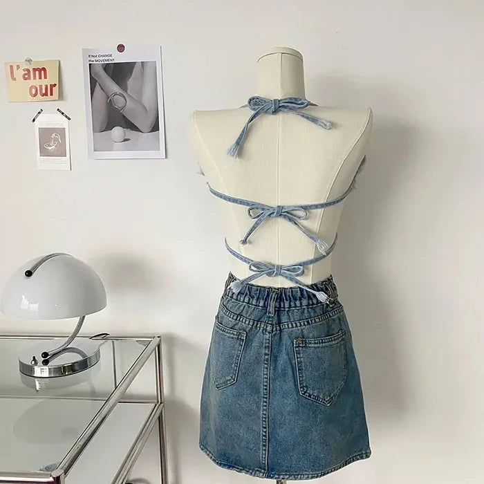 Butterfly Denim Halter Top fashionnsio