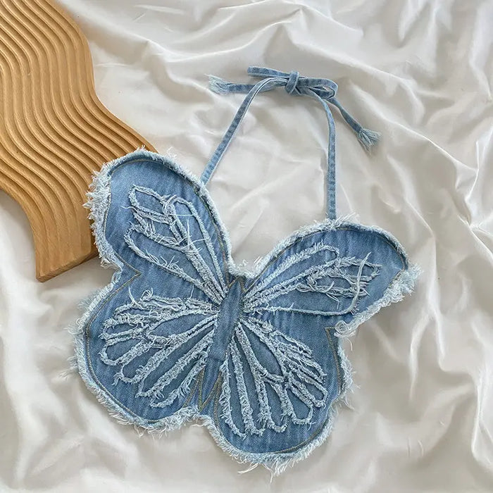 Butterfly Denim Halter Top fashionnsio