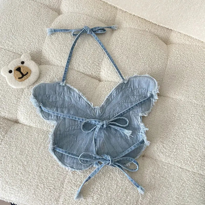 Butterfly Denim Halter Top fashionnsio