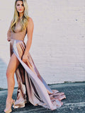 Dusty Pink Beading Elastic Satin Sleeveless Sexy Prom Dresses,PD00175