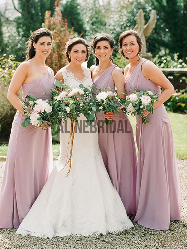 Dusty Pink Chiffon One Shoulder Long Bridesmaid Dresses, AB4030