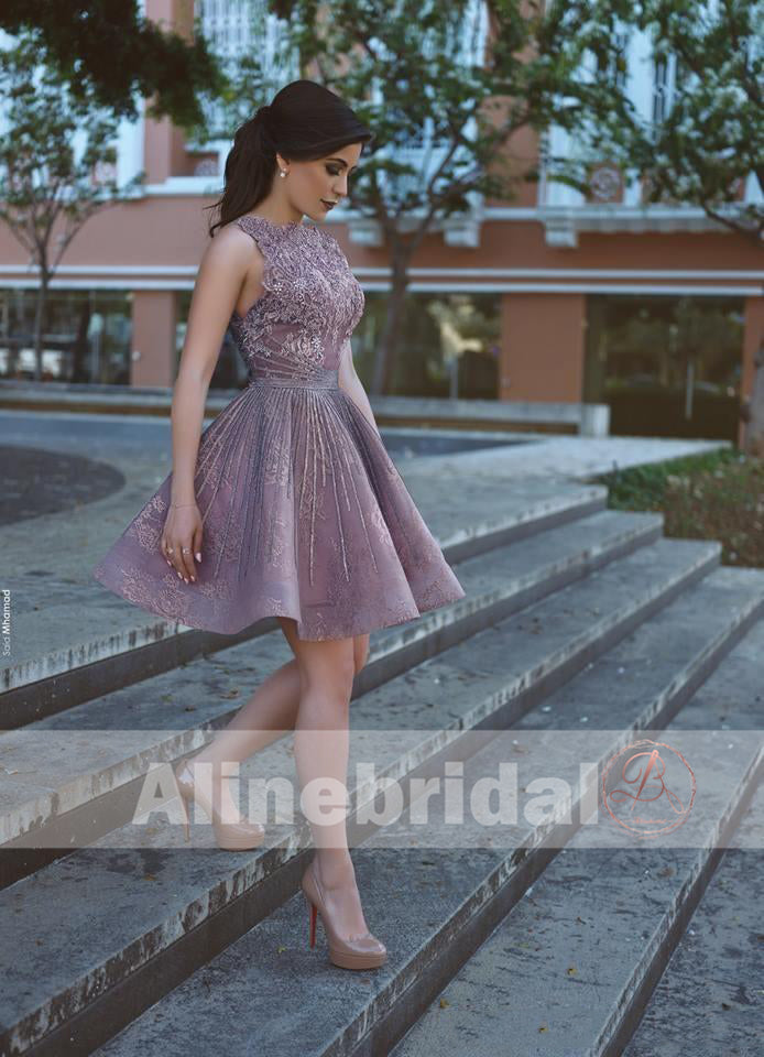 Dusty Purple Organza Lace With Beads Backless Homecoming Dresses, HD0002